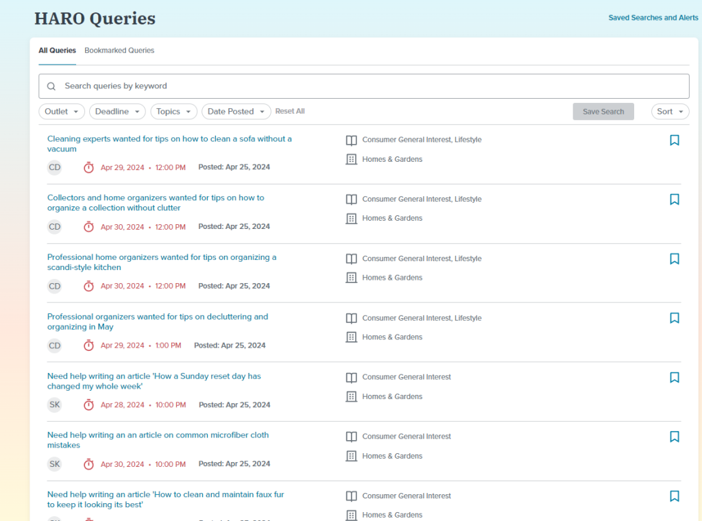 HARO daily email newsletter displaying categorized journalist media queries
