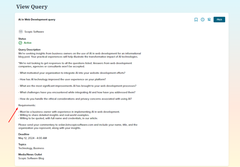 Dashboard tracking outreach pitch status and published backlink results