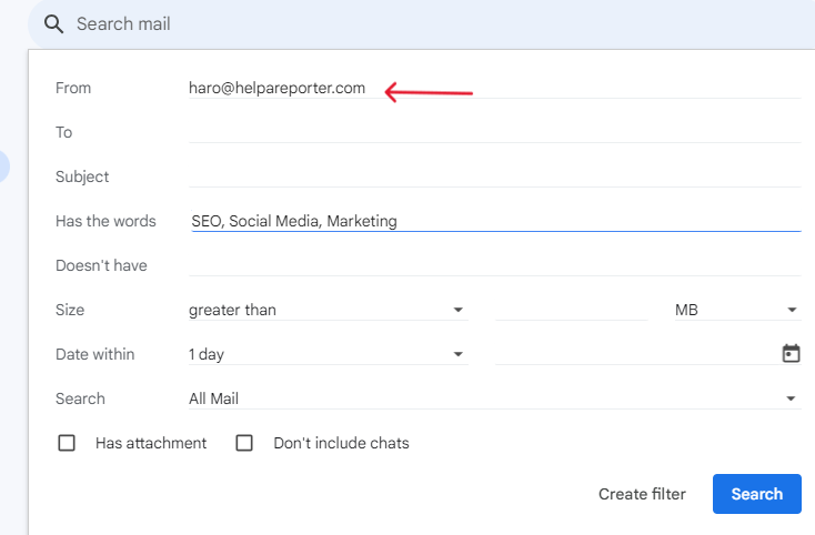can quickly find emails only from HARO.