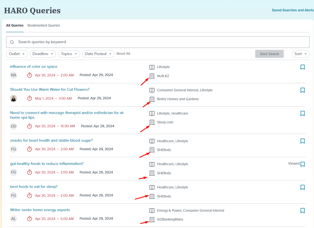 HARO media query dashboard showing relevant journalist requests for link building.