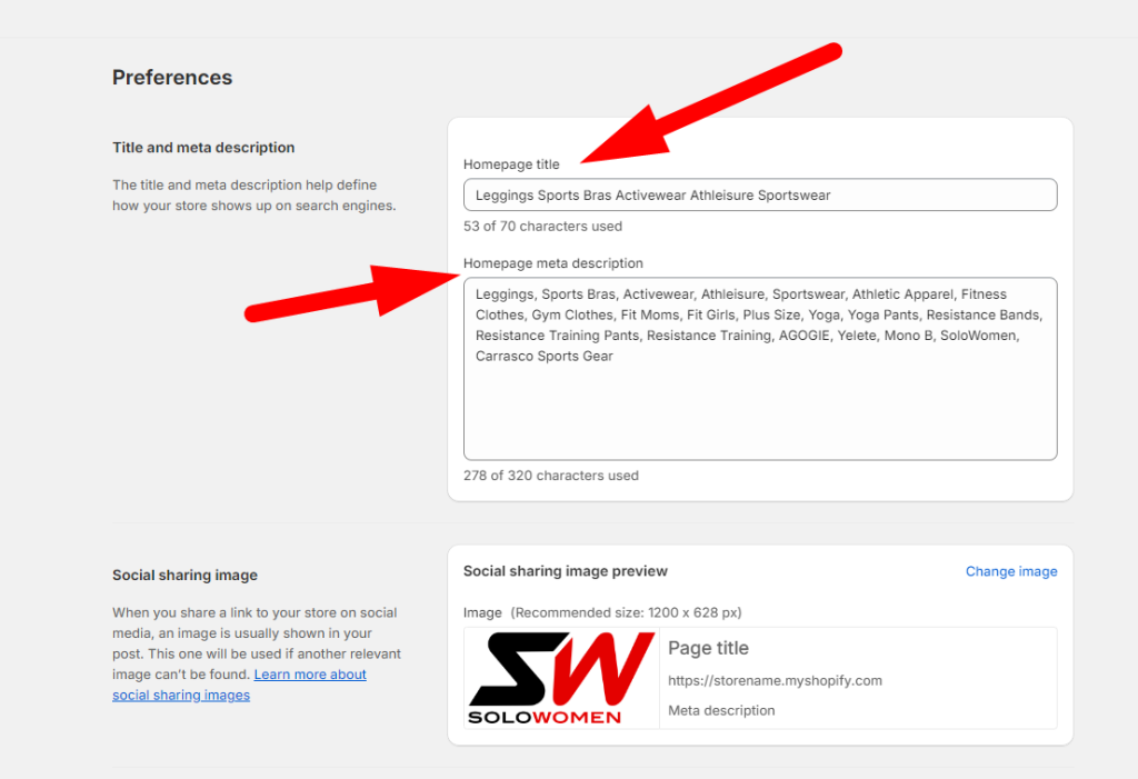 Editing the homepage meta title and description in Shopify Preferences.