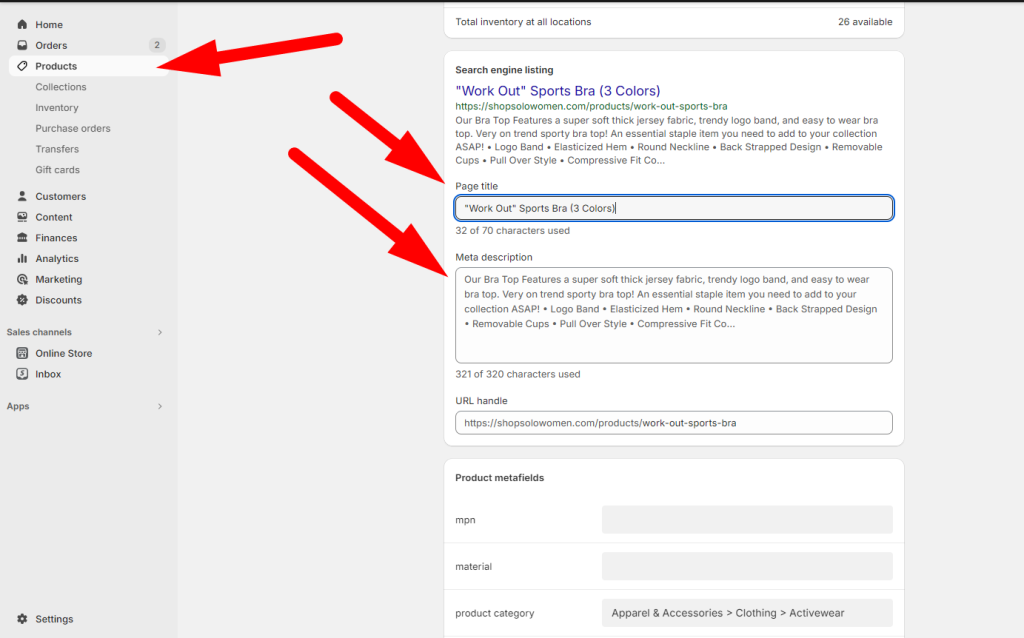 Saving SEO meta tag changes for collection pages in Shopify.