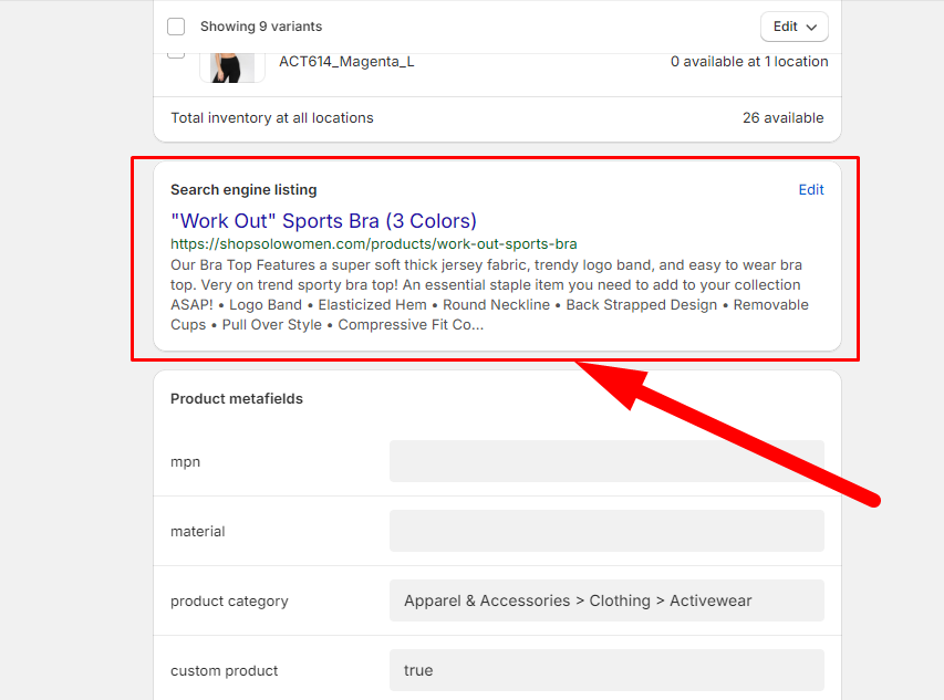 Shopify admin dashboard displaying the search engine listing preview section
