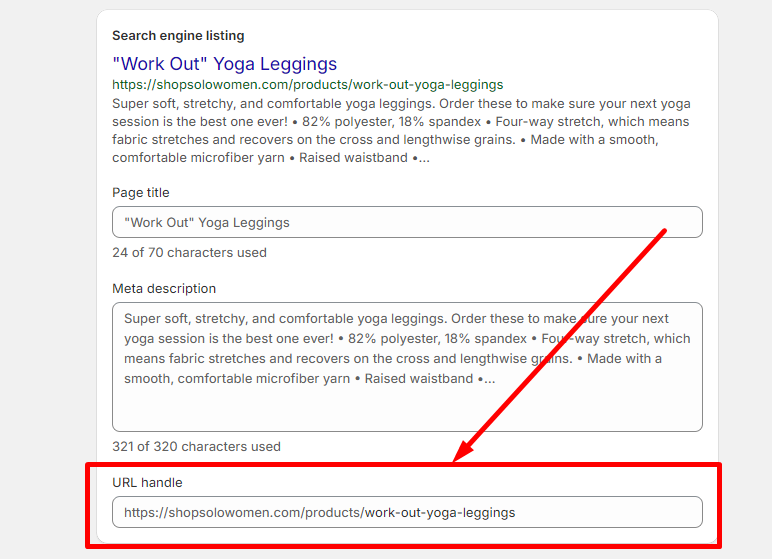 Editing page title and meta description in Shopify listing preview