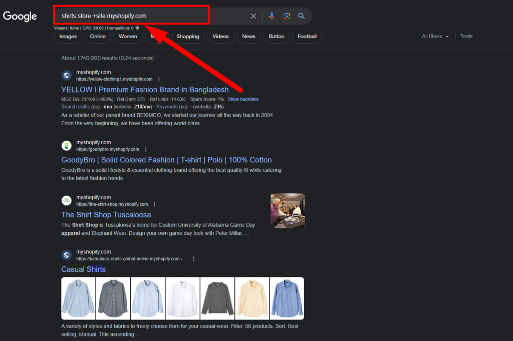 Searching Shopify niche keywords on Google search bar interface