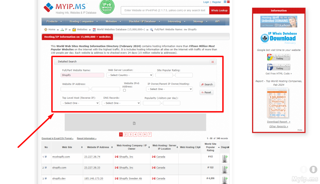 Using MyIP.MS tool to find Shopify server IP address data