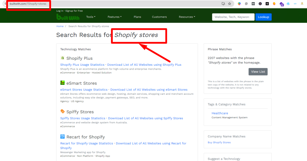 Browsing a public directory website to locate Shopify store links