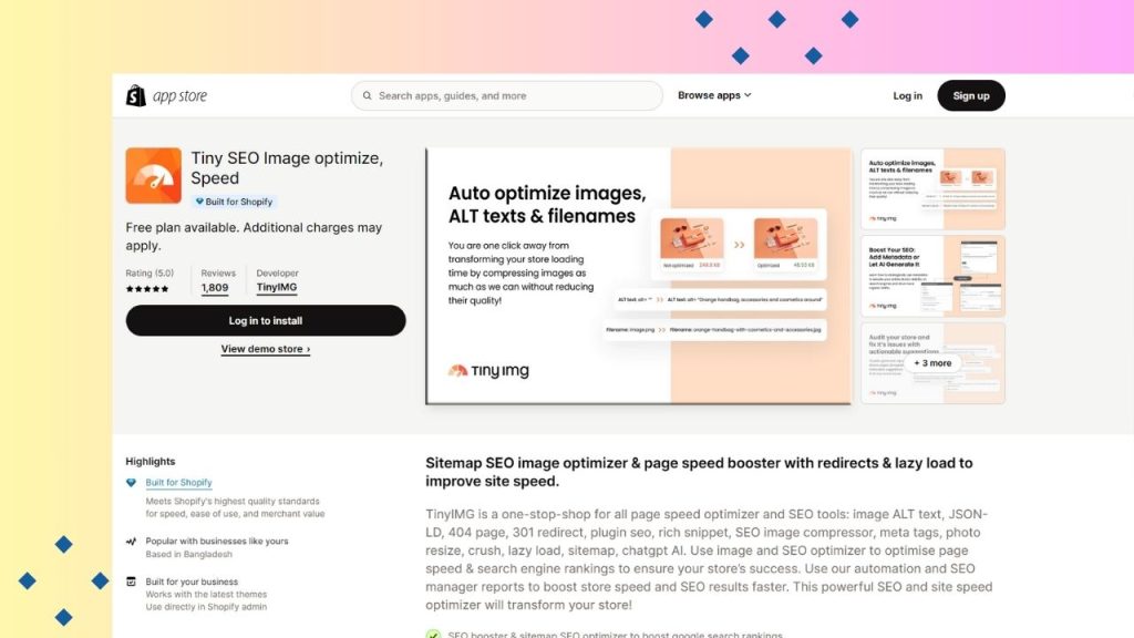 Automizely app panel highlighting e-commerce SEO features for Shopify