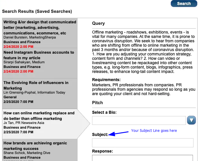 Structured HARO pitch email template showing quote and expert bio