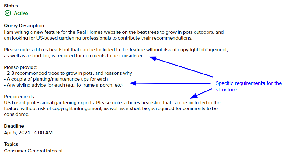 Filtered category selection menu inside the HARO media request platform