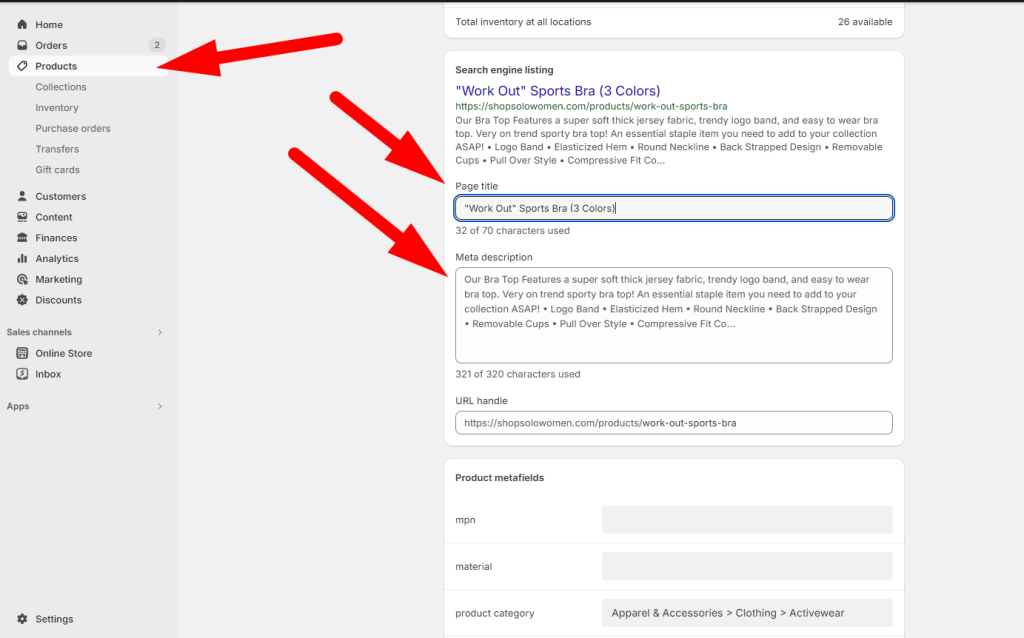 Add Shopify Products meta title and description